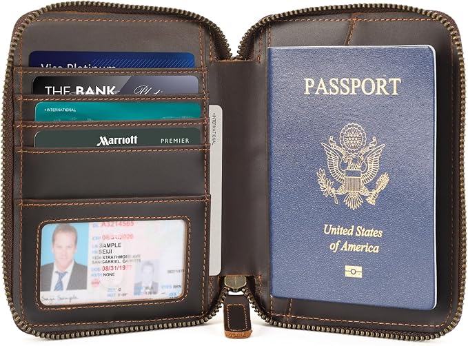 Polare Full Grain Leather Travel Passport Wallet With AirTag Slot RFID Blocking Passport Holder Soft Bifold Cover Case with YKK Zipper