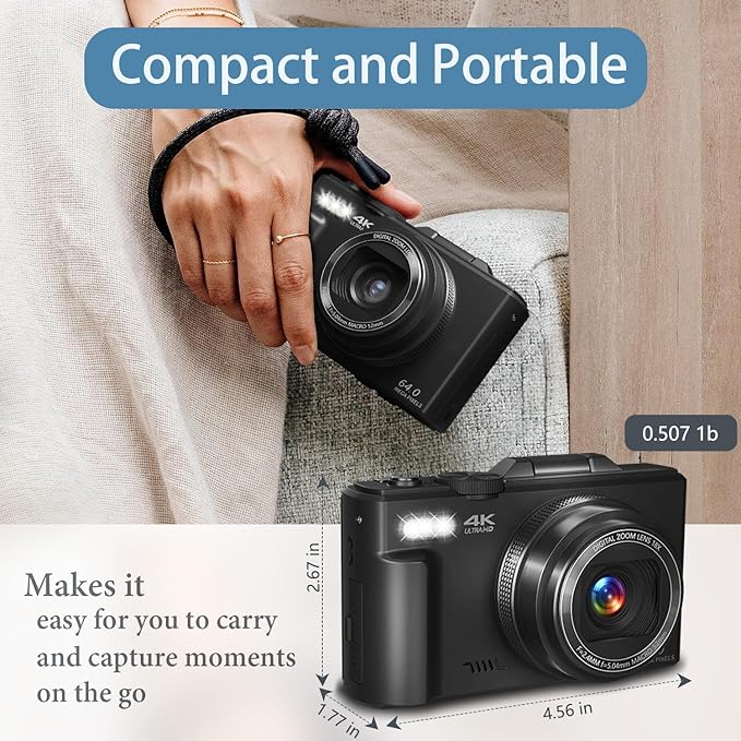 Digital Camera for Photography and Vlogging, 4K Autofocus YouTube Camera with 3" 180° Flip Screen, WiFi, 18X Zoom, Flash, 2 Batteries & 32GB SD Card