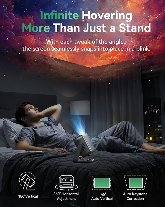 Projector with WiFi and Bluetooth, Support Decoding Projector 4K, 1200 ANSI 180° Rotatable with Native 1080P Mini Projector, Auto Keystone, Portable Smart Outdoor Home Movie Projectors