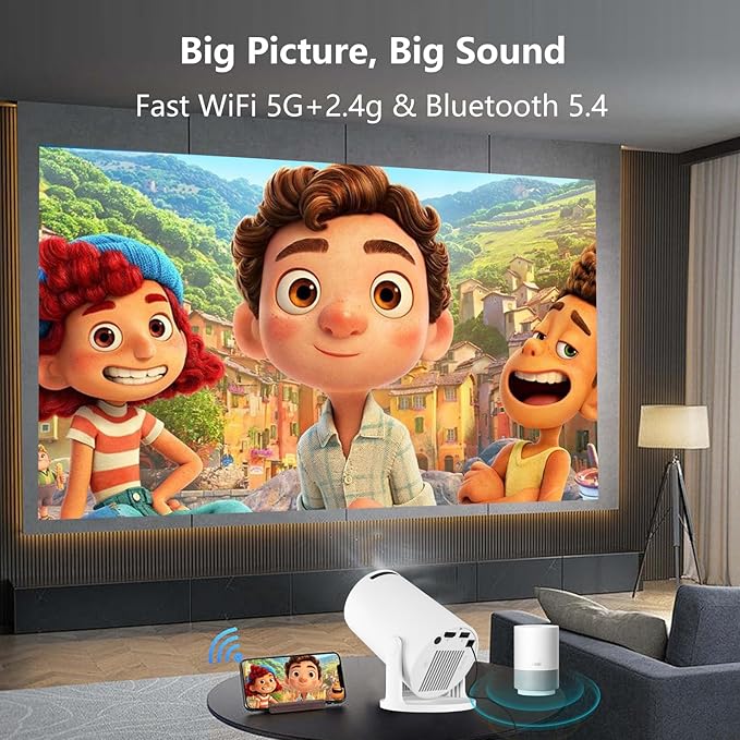 JREN Mini Android Projector Portable with WiFi and Bluetooth, Smart Projector with Auto Keystone, Outdoor Movie Projector for Bedroom Ceiling, Short Throw Roku Projector Home Theatre Mini