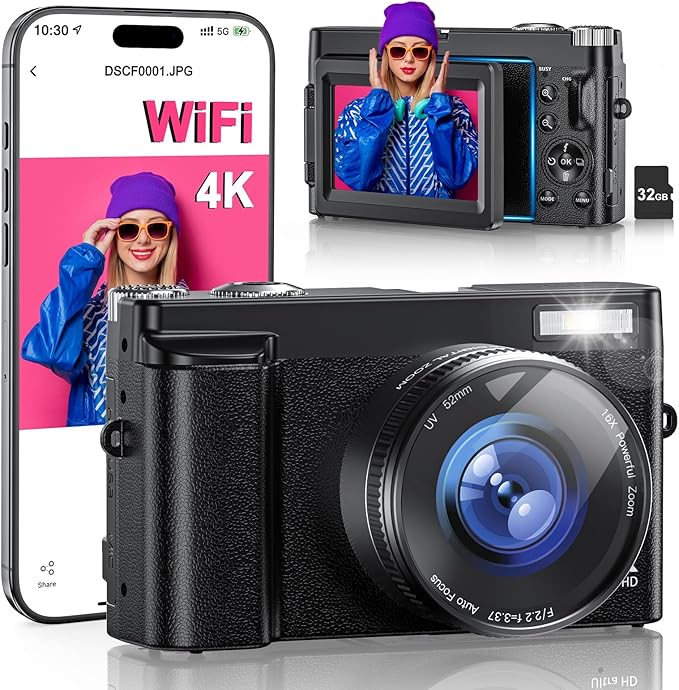 4K Digital Camera for Photography, WiFi 64MP 180° Flip Screen 3" Autofocus Vlogging Camera for YouTube, 16X Zoom Compact Point and Shoot Cameras for Beginner with 32GB Card, 2 Batteries