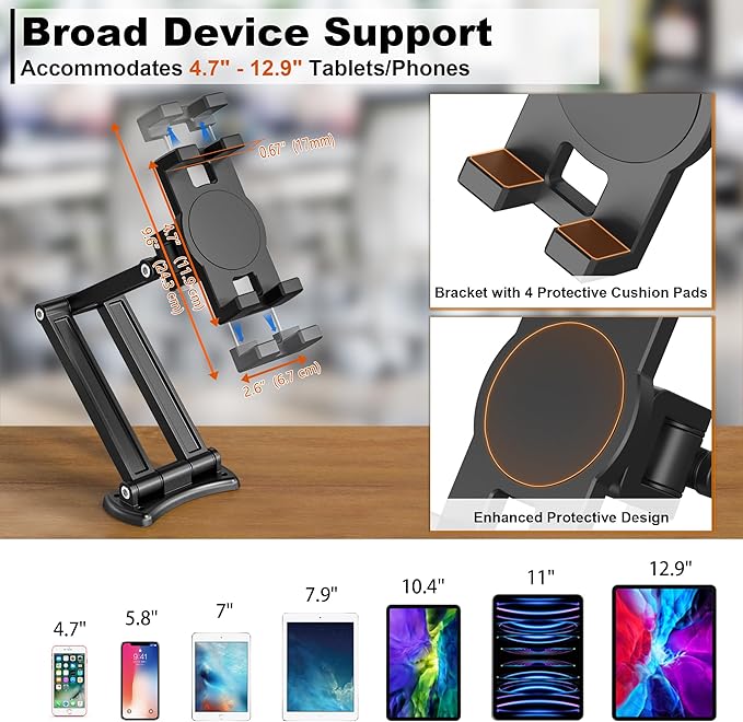 Tablet Wall Mount, Aluminum Sturdy iPad Wall Mount Holder for 7"-12.9" Tablets, 360° Swivel Arm, Easy Installation, Perfect for Classroom Gym Kitchen - Compatible w/iPad Pro Air Mini Samsung