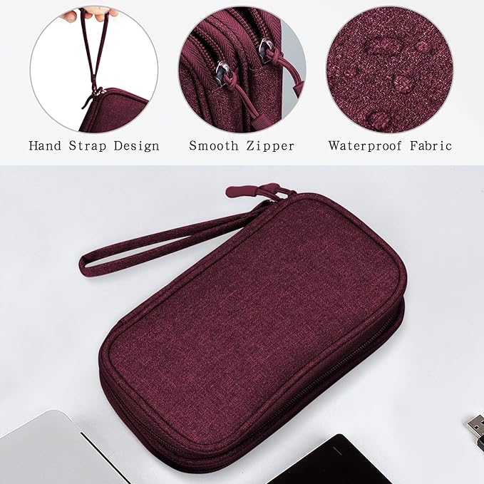 Skycase Electronic Organizer Travel Case - Waterproof Travel Cord Pouches for Organization, Cable Organizer, All-in-One Double Layers Storage Bag for Accessories, Charger, Cable, Wine Red