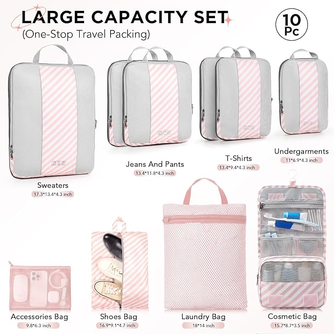 10 Set Compression Packing Cubes for Travel Essentials,Compressible Expandable Packing Cubes for Suitcase,OlarHike Luggage Organizer Bags for Travel,Handy Helper for Organizing Clothes(Pink Stripped)