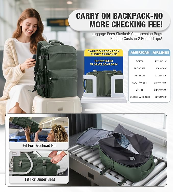 Vacuum Travel Backpack with Pump for Women,Airback Personal Item Carry on Backpacks Flight Approved for Men,Laptop Waterproof Work Compression bags Casual Daypack(Green)