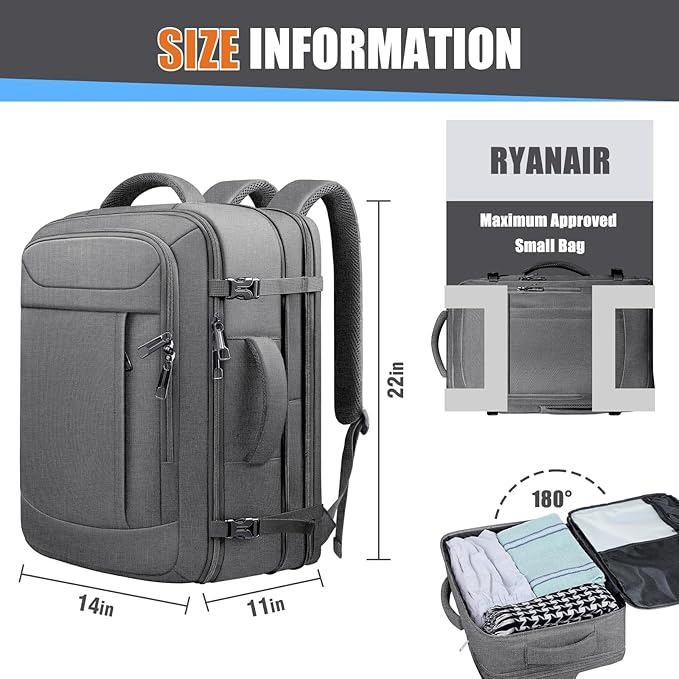 Carry On Backpack, 55L Travel Laptop Backpack, Anti-Theft TSA Flight Approved Large Laptop Bag, Sturdy 18.4 Inch Lightweight Expandable 50L - 60L Water Resistant Business Bag for Men, Grey