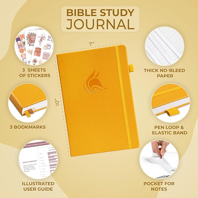 Clever Fox Bible Study Journal Large – Church Notes Notebook – Note Taking & Journaling Kit – Faith Based Religious Accessories, 7x10” (Amber Yellow)
