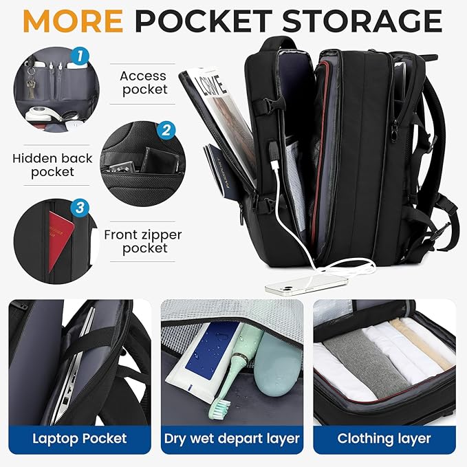 Expandable Travel Backpack for Men Women,Large Carry on Backpack Suitcase with USB Charging Port,Mochila Bag fits 17.3" Laptop TSA Approved, Waterproof Weekender Business Hiking Casual Gifts