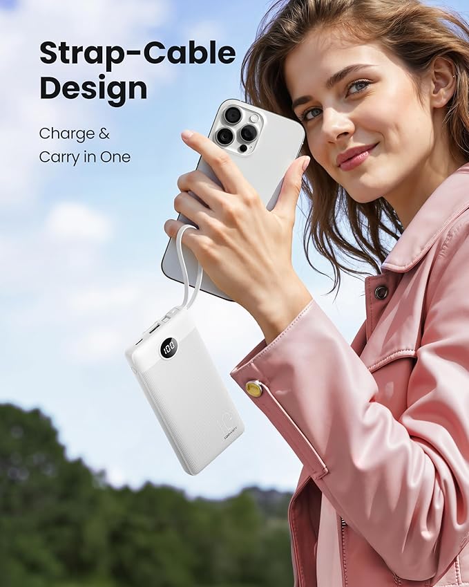 Portable Charger Compatible with iPhone 17, 10000mAh Slim Power Bank with Built-in Cables, External Battery Pack 5 Outputs 2 Inputs LED Display Compatible with iPhone/Android & More (White)