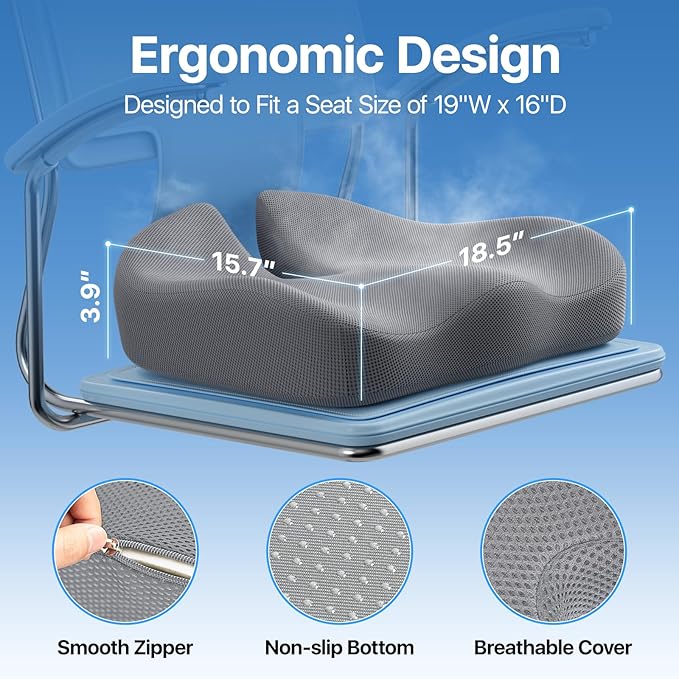 Seat Cushion, Extra Large Memory Foam Cushion for Office Chair Cushions, Ergonomic Cushions Pad Pillow for Pressure Relief Sciatica & Pain Relief for Long Sitting, Grey