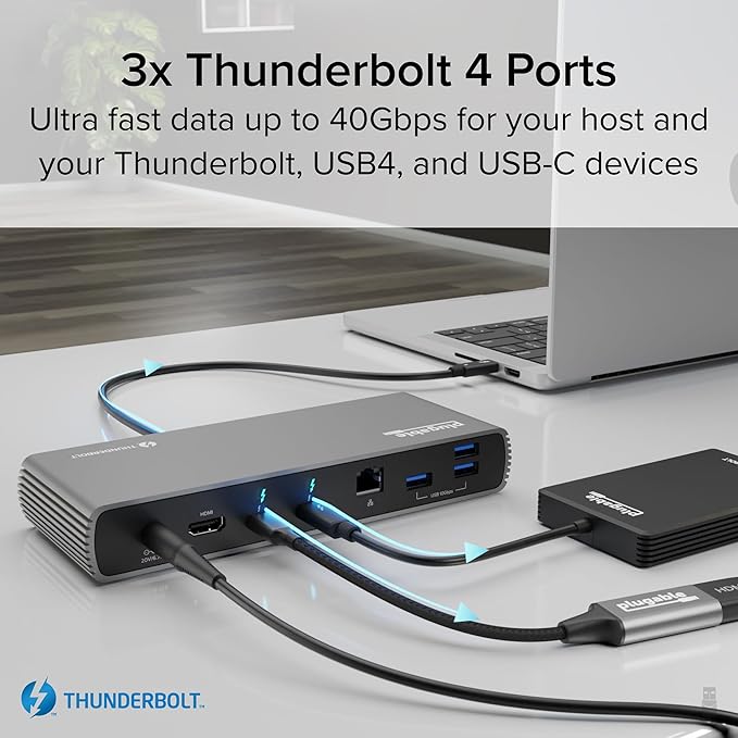 Plugable Thunderbolt 4 Dock for Dual 4K or 8K Display – 100W Charging Docking Station for MacBook Pro and Windows Laptops with 11 Ports, 3X Thunderbolt, Ethernet, USB, and SD Card (TBT4-UDX1)