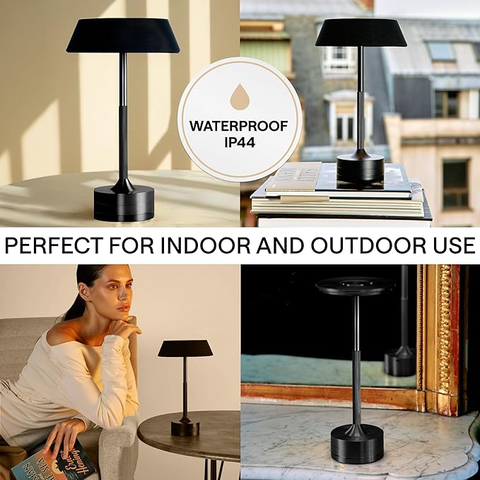 LED Cordless Table Lamp - Rechargeable Light for Home, Bedside, Kitchen - Small Dimmable Tap Lights - Battery Powered Touch Lamp for Desk Wireless - Black and Gold Lamp Shades, IP44, USB Type C Cable