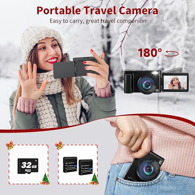 4K Digital Camera for Photography Autofocus, 48MP Vlogging With Flash Anti-Shake, 3'' 180 Flip Screen Compact Travel 16X Zoom for Teens With 32G Card, Battery Charger