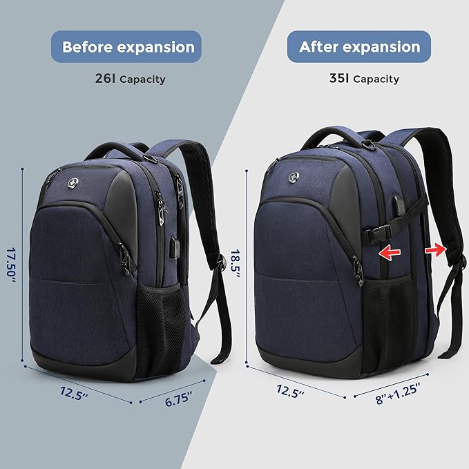 Swissdigital Design Travel Laptop Backpack for Men and Women, 35L Expandable Large Business Backpack with USB Charging Port for Fits 17 Inch Notebook, Blue | ANDWIL PRO