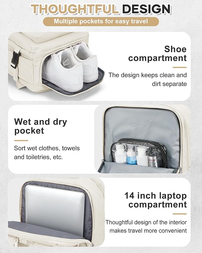 Carry On Backpack for Women, Airline Approved Large Travel Backpack Flight Approved, Waterproof 14 Inch Laptop Backpack Business Work Backpacks Bag Men Beige Mochila De Viaje