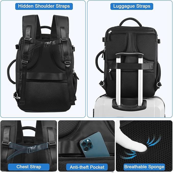 Hanples Travel Backpack for Women Men, Large Carry On Person Item Luggage Backpack, TSA Flight Approved 17.3 In Laptop Bag, Waterproof anti theft Casual Hiking Bag (Black)