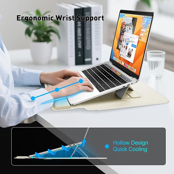 AboveTEK Laptop Sleeve Case for 13-14 inch MacBook Air/Pro, Slim Laptop Case with Stand, Ergonomic Wrist Rest & Mouse Pad, Waterproof Anti-Scratch Leather Bag for 13-14 Surface HP (Beige)
