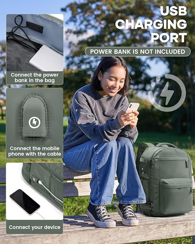 Vacuum Travel Backpack with Pump for Women, Personal Item Carry on Backpacks Flight Approved 18x14x8 inches for Men,Laptop Waterproof Work Compression bags Casual Daypack. Green.