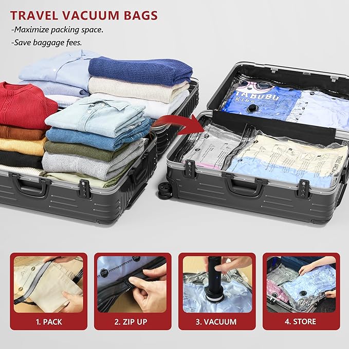 SUOCO Travel Vacuum Seal Bags for Clothing with Rechargeable Electric Pump, 8 Medium Compression Packing Bags for Luggage Suitcase Backpack, Carry-on Size Space Saver Storage