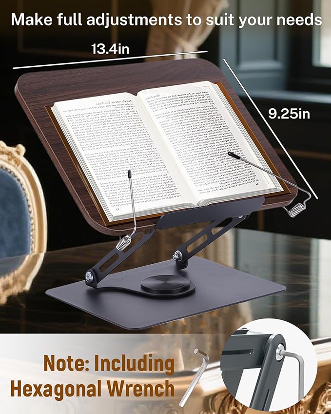 ASIEIT Book Stand for Reading, Adjustable Book Holder with 360° Rotating Bases & Elastic Page Clips, Foldable Bible Stand, Portable Reading Stand for Bible, Recipe, Magazine, Tablets, Laptops, Brown