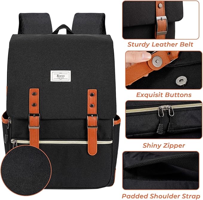 Ronyes Vintage Laptop Backpack for Women Men,15.6 inch Bookbag Casual Daypack with USB Charging Port for College Work, Black Backpacks