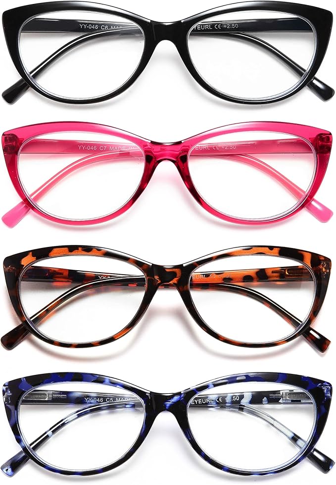 EYEURL 4 Pack Cat Eye Reading Glasses for Women, Blue Light Blocking Readers Lightweight Spring Hinge Anti Eyestrain UV Fashion Eyeglasses +3.50
