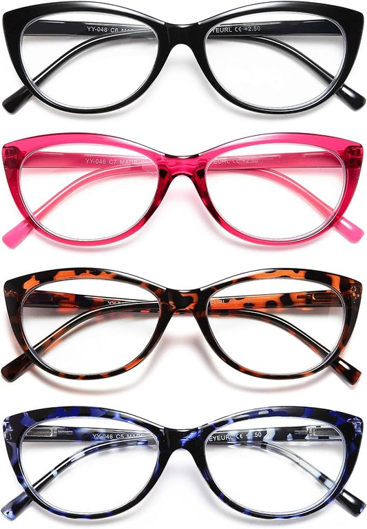 EYEURL 4 Pack Cat Eye Reading Glasses for Women, Blue Light Blocking Readers Lightweight Spring Hinge Anti Eyestrain UV Fashion Eyeglasses +0.75