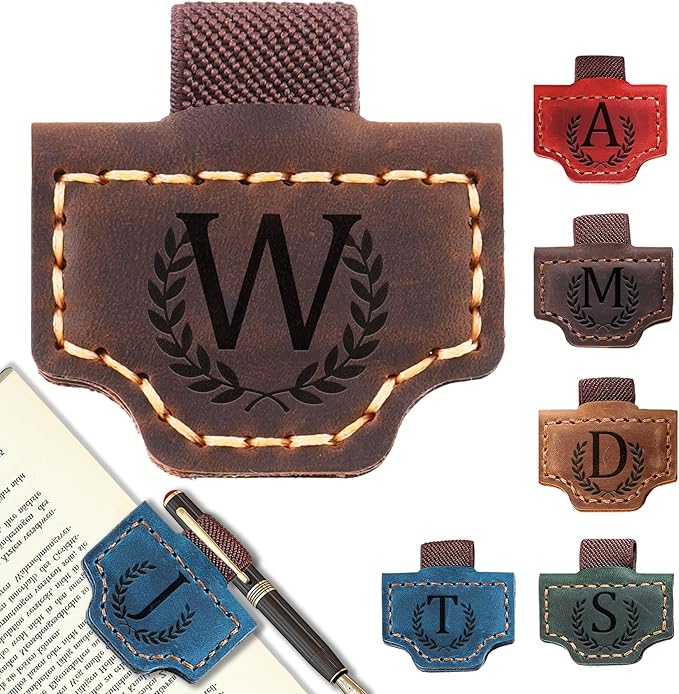 Personalized Bygone Mark Bookmark with Pen Holder, Leather Magnetic Bookmark 26 Letters Name Initial Bookmarks for Readers, Book Lover Gifts for Women Men Notebook Accessories (Coffee, W)