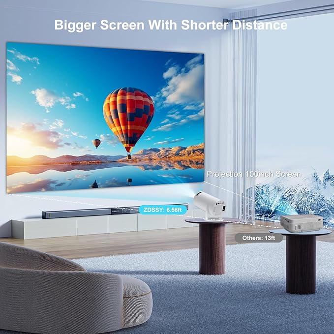 Smart HY300 Projector With Built-in Apps, Wifi Bluetooth 4K 1080P, Auto Keystone, Short Throw and 180 Adjustable, Mini Portable Outdoor Movie (White)