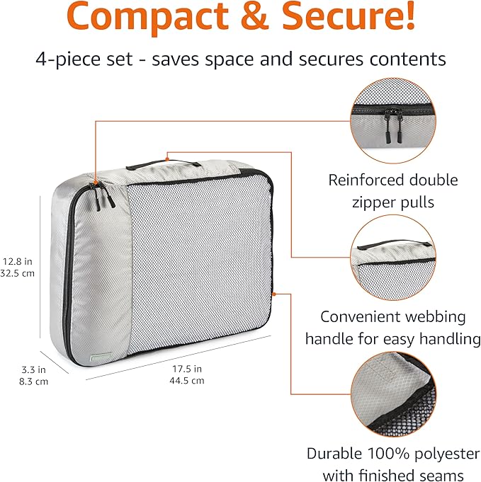 Amazon Essentials 4-Piece Packing Cubes Travel Accessories Set, Luggage Organizer with Double Zipper, Mesh Top, 100% Polyester, Large, Gray (Previously Amazon Basics)