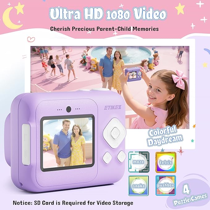 Instant Print Camera for Kids, HD Digital Camera, Christmas Birthday Gifts for 4 5 6 7 8 9 10 Year Old Girls Boys, Portable Toy Printer with 32GB SD Card & 3 Rolls Printing Paper, Mauve