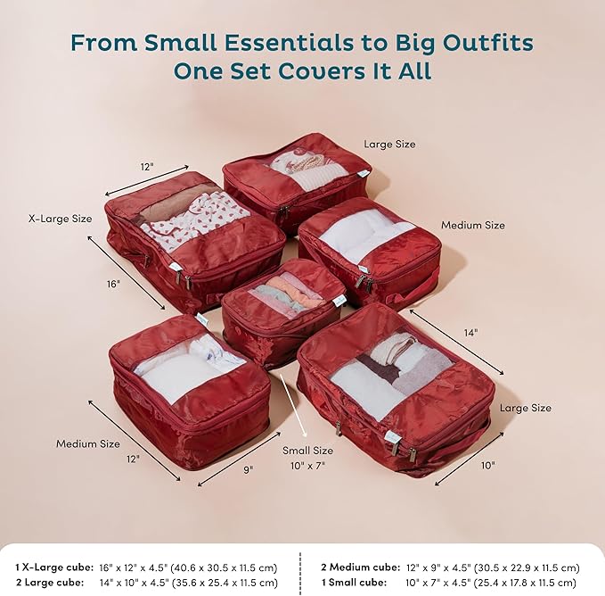 6-Pack Compression Packing Cubes Travel Essentials - Lightweight, Water-Resistant Luggage Organizer Bags with Handles, Durable Travel Accessories Suitcase Organizer (Burgundy)