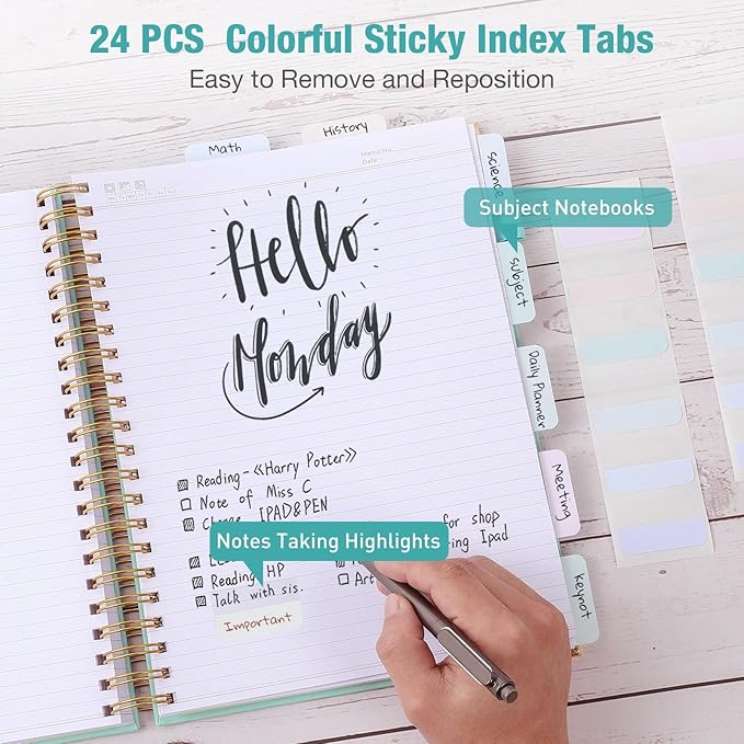 Spiral Notebook, College Ruled Notebook, A5, 300 Pages Leather Journals for Writing, 5.7" x 8.5" Hardcover Journaling Notebooks for Work School, 24pcs Tabs, Large Embossed Journal for Women Men, Green