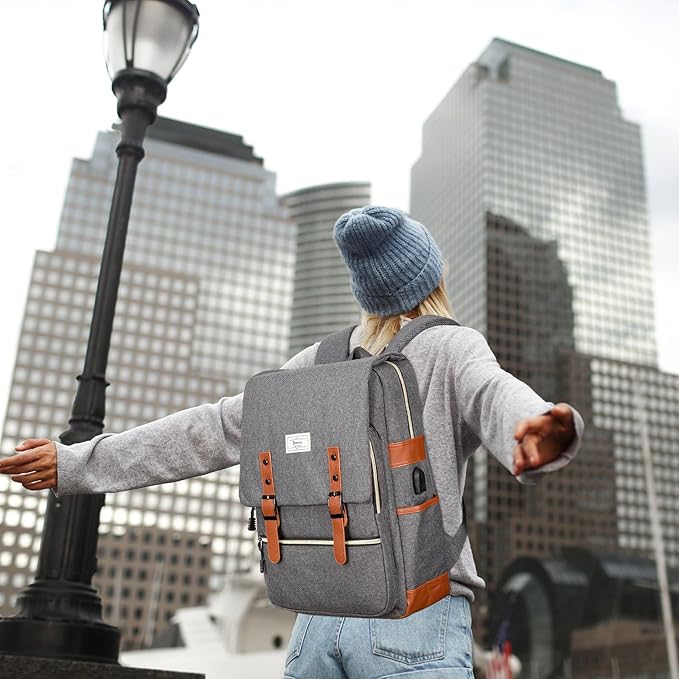 Ronyes Vintage Laptop Backpack for Women Men,15.6 inch Bookbag Casual Daypack with USB Charging Port for College Work, Grey Backpacks