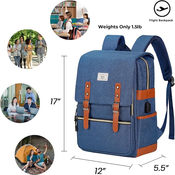 Ronyes Vintage Laptop Backpack for Women Men,15.6 inch Bookbag Casual Daypack with USB Charging Port for College Work, Blue Backpacks