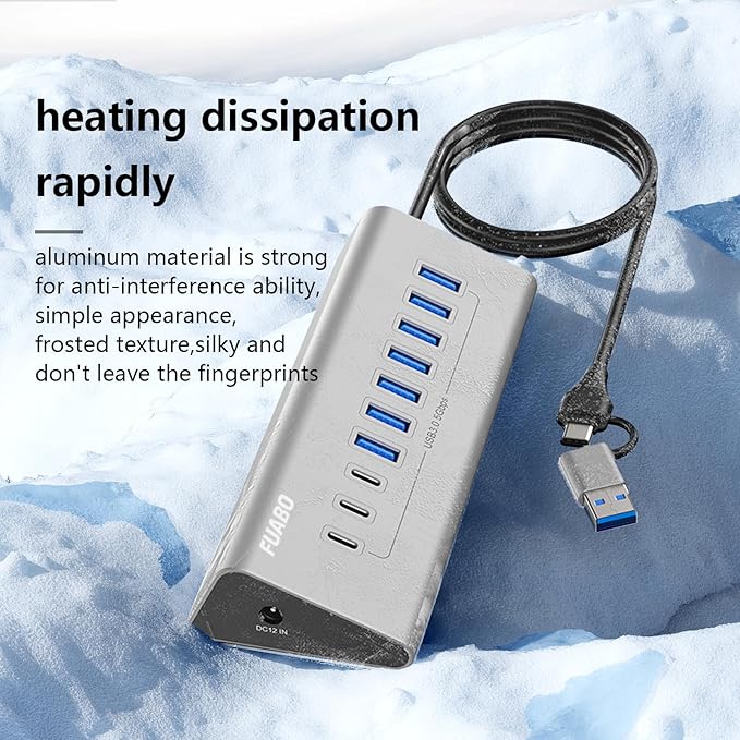 10 Ports USB HUB 7 USB-A and 3 USB-C Ports Multiport Adapter, USB3.0 Aluminum USB C to USB Hub for iPhone 16/15 Series, MacBook, iPad