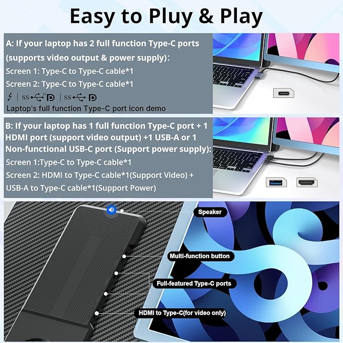 Laptop Screen Monitor Extender, Wider 1080P FHD Portable Monitor for Laptop, Built-in Speaker and Adjustable Backstand, Triple Screen Extender Compatible with Wins/MacOS/Chrome