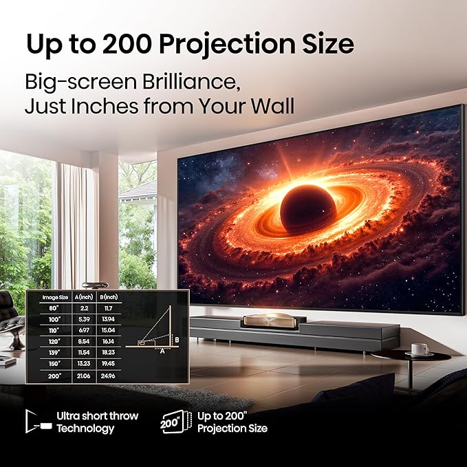 Hisense L9Q Ultra Short Throw Triple Laser Projector, 4K UHD, 5,000 ANSI Lumens, 5000:1 Contrast, 80” - 200”, Dolby Vision & Atmos, IMAX Enhanced, Google TV, Pantone Validated, Sound by Devialet