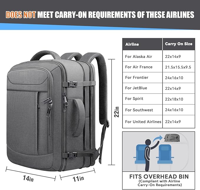 Carry On Backpack, 55L Travel Laptop Backpack, Anti-Theft TSA Flight Approved Large Laptop Bag, Sturdy 18.4 Inch Lightweight Expandable 50L - 60L Water Resistant Business Bag for Men, Grey