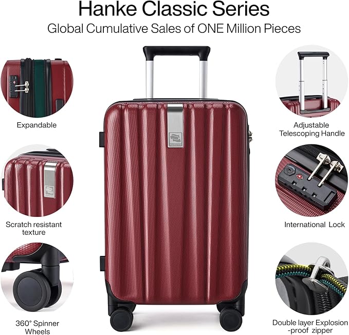 Hanke Expandable Hardshell Luggage Sets 3 piece Carry On Luggage with Wheels Suitcases Lightweight Checked Tsa Luggage Rolling Large Suitcase Travel Luggage Bag Woman Men 20/24/29 Inch(Burgundy)