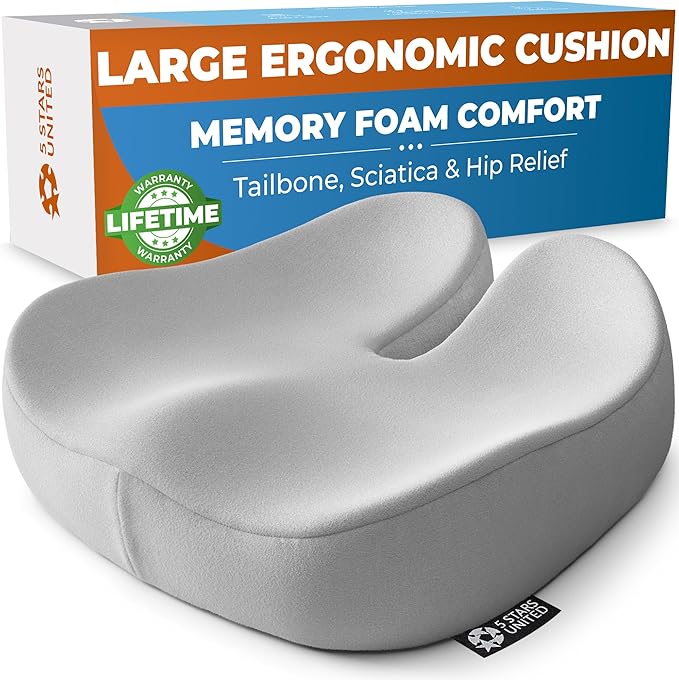 5 STARS UNITED Seat Cushion for Tailbone Pain Relief – Large Memory Foam Lifting Pillow for Coccyx, Hip, Sciatica & Post-Surgery Recovery – Wheelchair, Car, Desk, Gaming & Office Chairs, Light Gray
