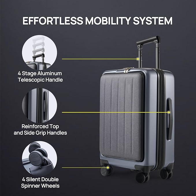 NINETYGO Carry on Luggage 22X14X9 Airline Approved with Front Laptop Pocket, 20 Inch Luggage with Front Compartment, Expandable, Double Spinner Wheels, Hardsided PC, TSA Lock (Cool Grey, Seine Max)