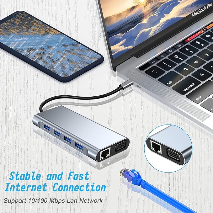 USB C HUB, USB C Adapter 11 in 1 Dongle with 4K HDMI, VGA, Type C PD, USB3.0, RJ45 Ethernet, SD/TF Card Reader, 3.5mm AUX, Docking Station Compatible with MacBook Pro/Air, Other Type C Laptops