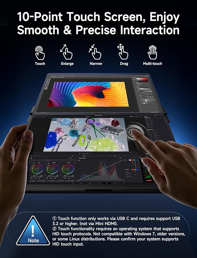 JSAUX FlipGo Touchscreen 16" Dual Portable Monitor, 2.5K Triple Laptop Touch IPS Screen Foldable Extender for Laptop[for Windows/Linux] One Cable to Dual/Magnetic Design/Built-in HUB/HiDPI Display