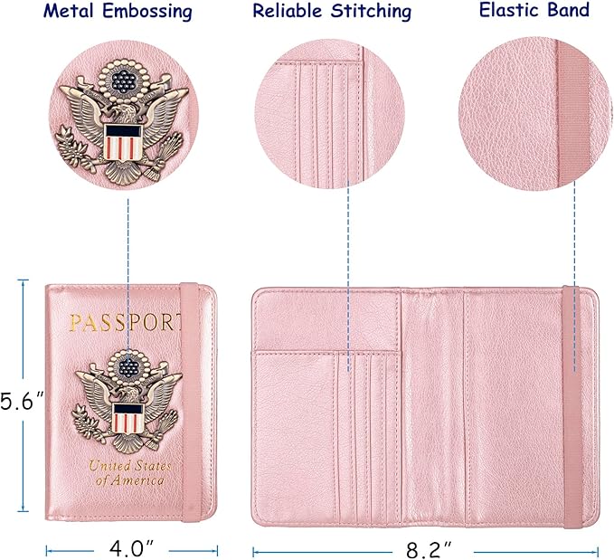 TOURSUIT RFID Passport and Vaccine Card Holder Combo, Travel Document Case Cover, Leather Wallet Organizer Women with Vax Vaccination Protector Slot (Rose Gold)