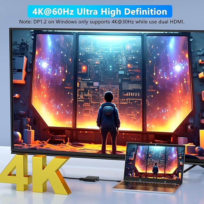 HDMI Splitter for Dual Monitors, 4K@60Hz USB C to Dual HDMI Adapter for Dell/HP/Mac Laptops with PD, USB3.0, Double HDTV Adapter for 2 Monitors, HDTV Splitter Extended Display, USB-C Hub Multiport