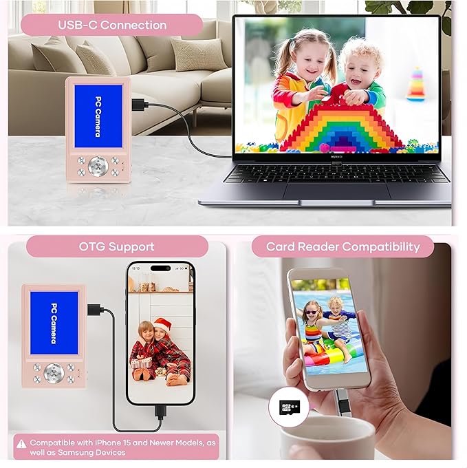 Digital Camera, Pink Cameras for Photography, YouTube Vlogging, 16X Zoom UHD Autofocus Compact Point and Shoot Flip Screen Camera with 32GB SD Card, Small Photo Camera for Kids, Teen