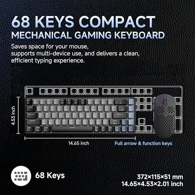 DIERYA DK68 60% Wireless Mechanical Gaming Keyboard, 3 Modes Bluetooth/2.4GHz/USB-C with Red Linear Switch, RGB Backlit, Anti-Ghosting, 68-Key Compact mini keyboard for Windows/macOS/Linux- Black/Grey