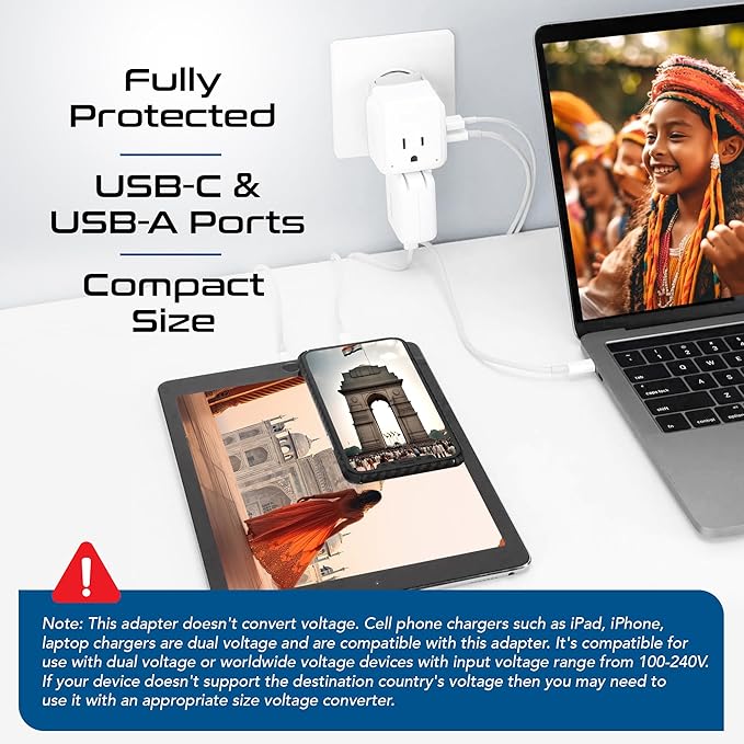 Ceptics India, Maldives Power Plug Adapter Travel Set, 20W PD & QC, Safe Dual USB & USB-C 3.1A - 2 USA Outlet - Compact - Use In Pakistan, Nepal, Bangladesh Includes Type D, Type C SWadAPt Attachments