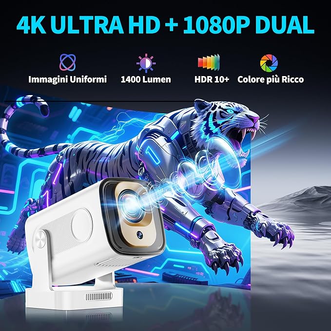 【Built-in Apps】Mini Projector 1080P with WiFi 6 and Bluetooth 5.4, 4K Full HD Projector Features Auto Focus & Keystone, Portable Projector Support 270° Rotatable, Compatible with Phone/HDMI/USB-White